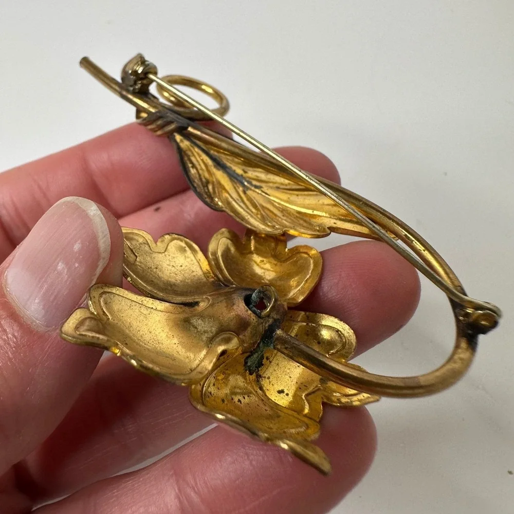 Vintage Pink Enamel Flower Brooch Gold‎ Tone Leaf Blue Bead Pin Spring Romantic